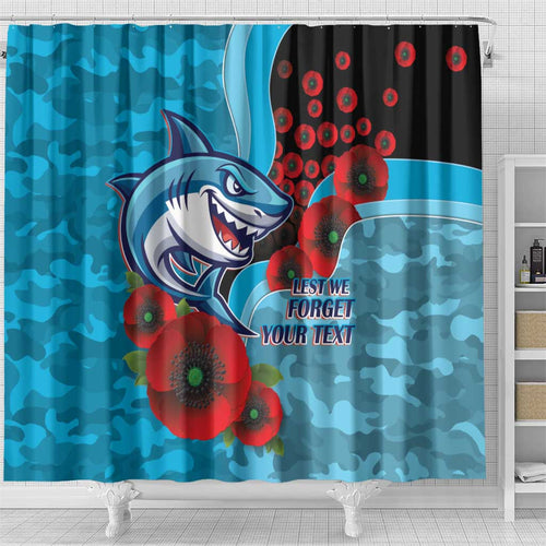 Cronulla-Sutherland Sharks ANZAC Personalised Shower Curtain Lest We Forget Poppy Camo