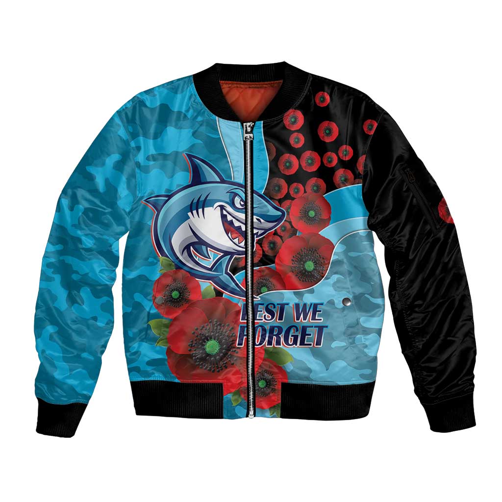 Cronulla-Sutherland Sharks ANZAC Personalised Sleeve Zip Bomber Jacket Lest We Forget Poppy Camo