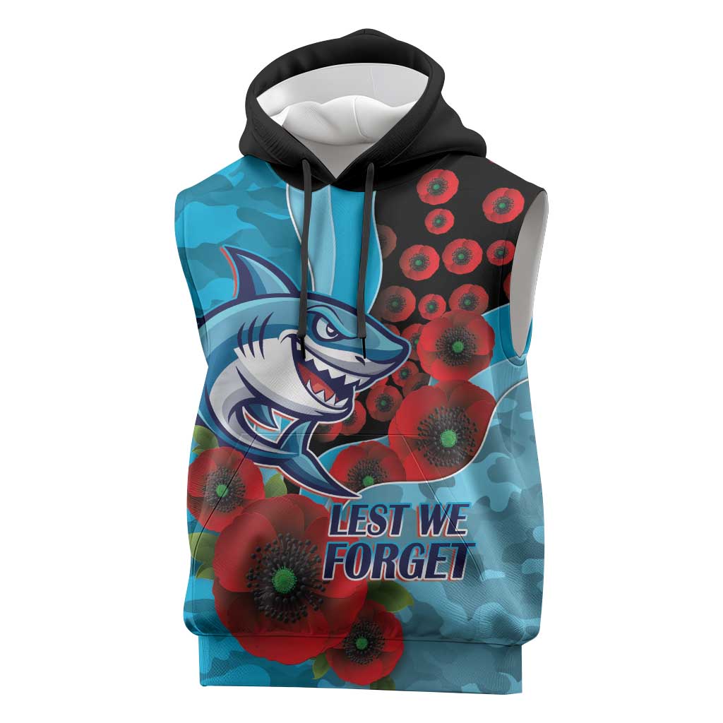 Cronulla-Sutherland Sharks ANZAC Personalised Sleeveless Hoodie Lest We Forget Poppy Camo
