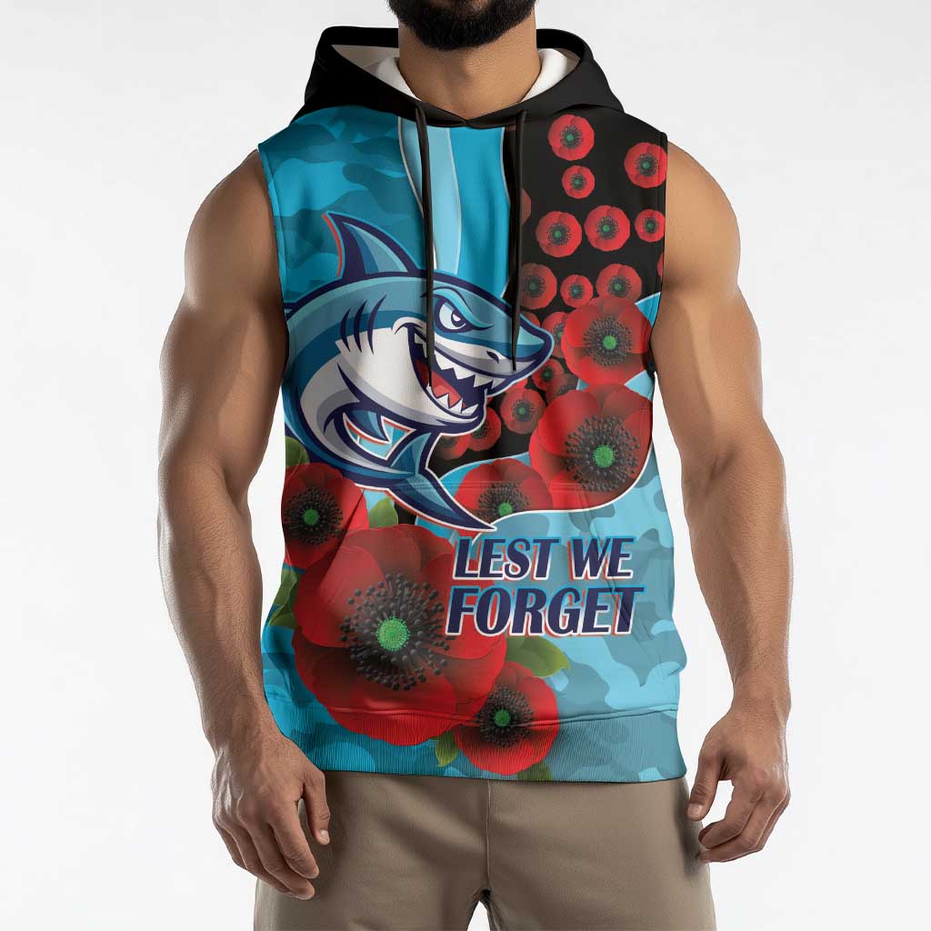 Cronulla-Sutherland Sharks ANZAC Personalised Sleeveless Hoodie Lest We Forget Poppy Camo