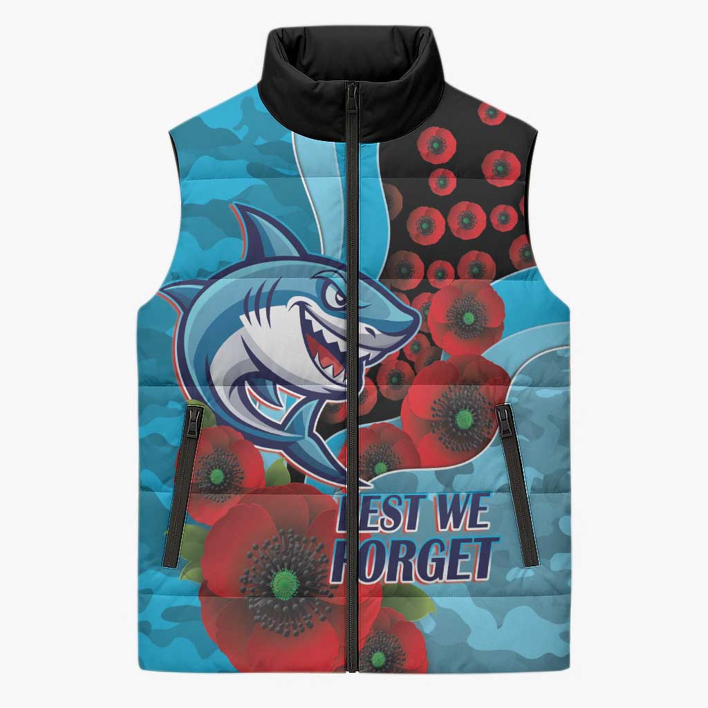 Cronulla-Sutherland Sharks ANZAC Personalised Sleeveless Puffer Jacket Lest We Forget Poppy Camo