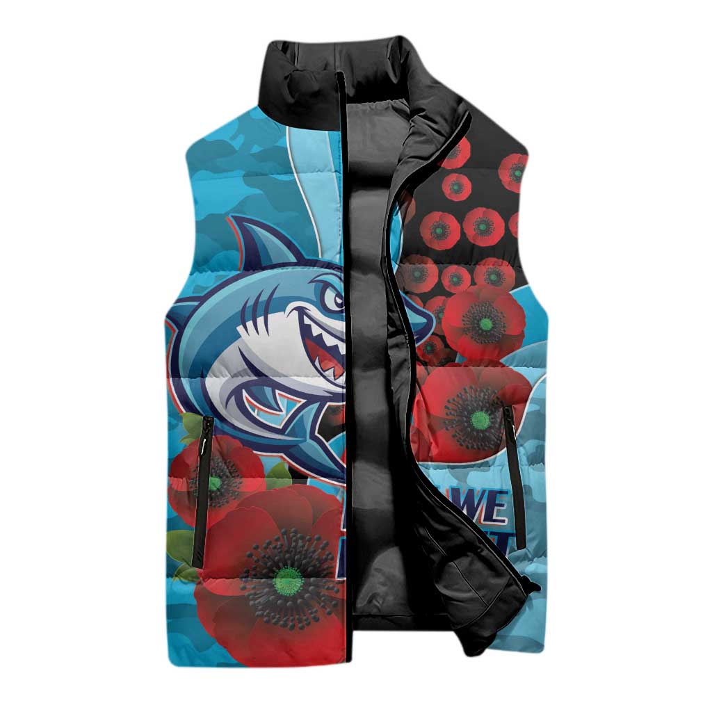 Cronulla-Sutherland Sharks ANZAC Personalised Sleeveless Puffer Jacket Lest We Forget Poppy Camo