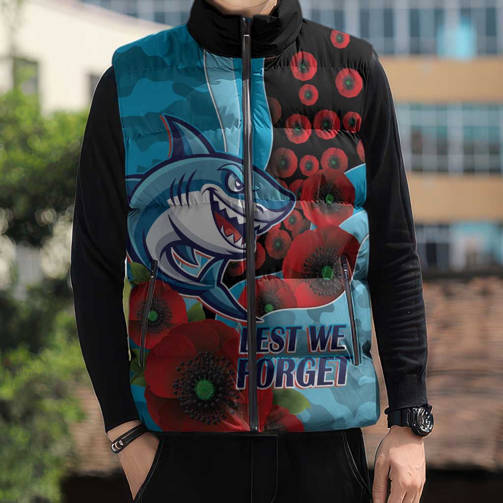 Cronulla-Sutherland Sharks ANZAC Personalised Sleeveless Puffer Jacket Lest We Forget Poppy Camo