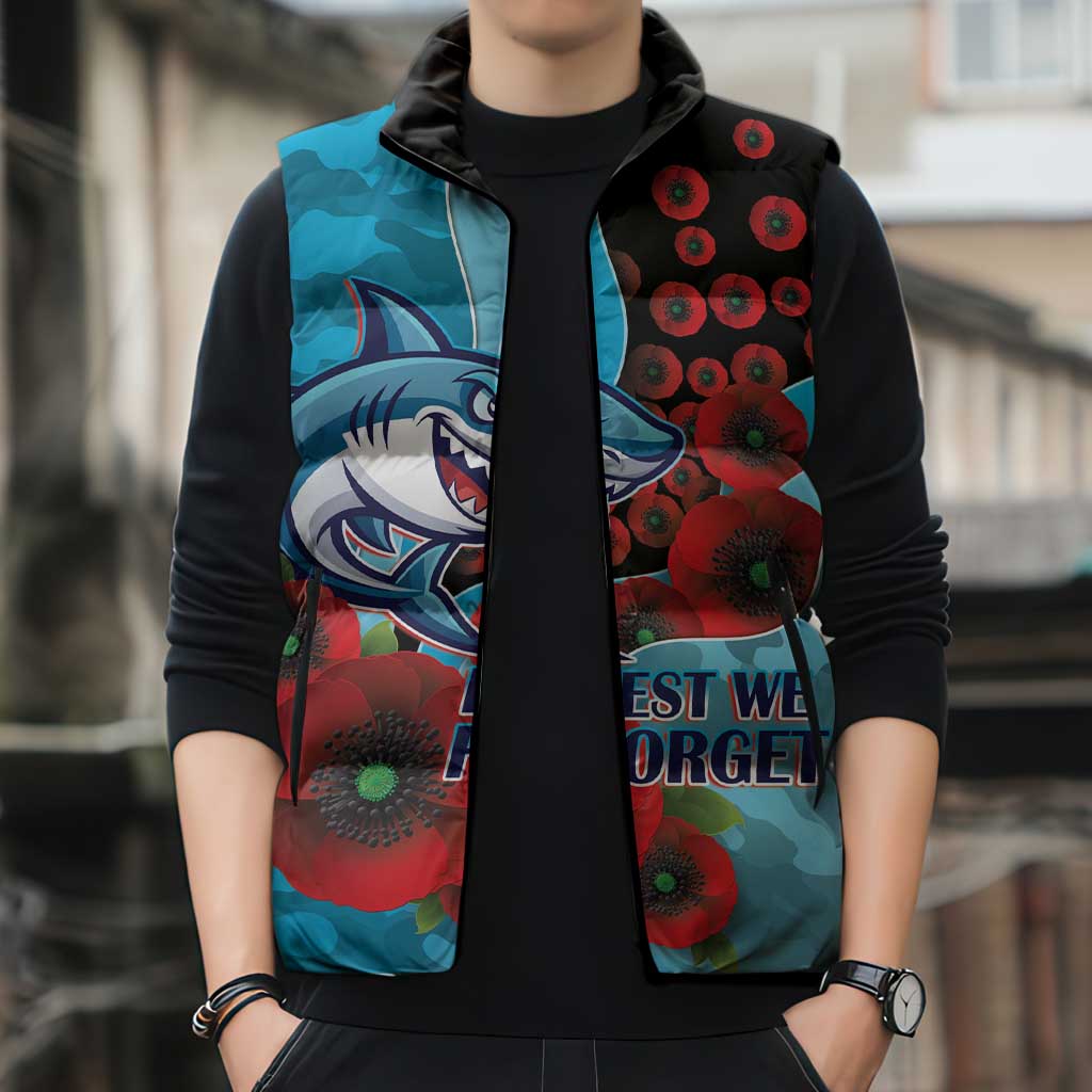 Cronulla-Sutherland Sharks ANZAC Personalised Sleeveless Puffer Jacket Lest We Forget Poppy Camo