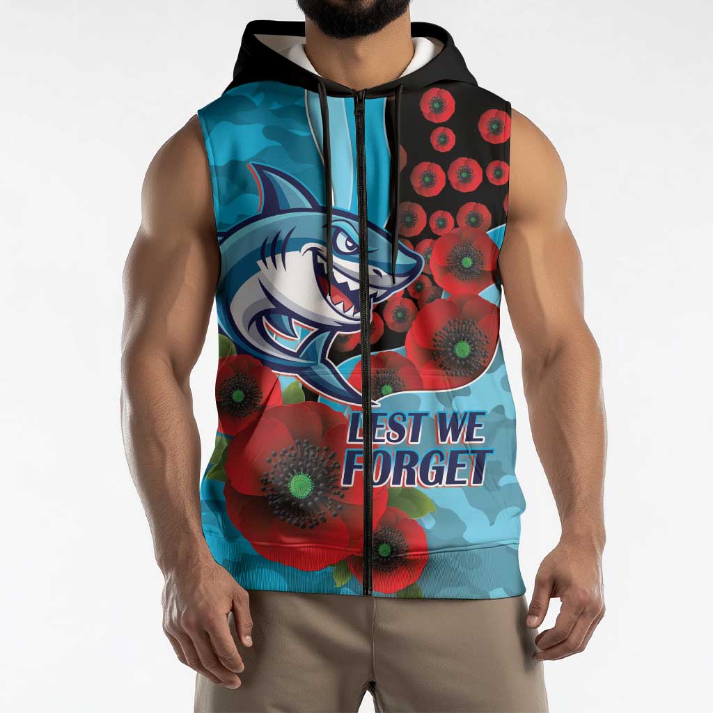 Cronulla-Sutherland Sharks ANZAC Personalised Sleeveless Zip Hoodie Lest We Forget Poppy Camo