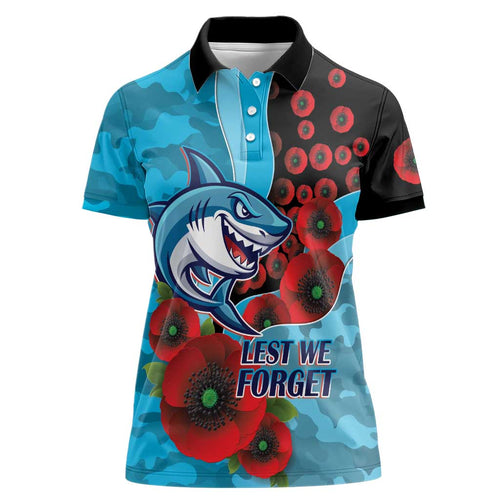 Cronulla-Sutherland Sharks ANZAC Personalised Women Polo Shirt Lest We Forget Poppy Camo