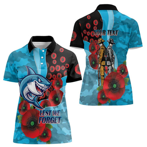 Cronulla-Sutherland Sharks ANZAC Personalised Women Polo Shirt Lest We Forget Poppy Camo