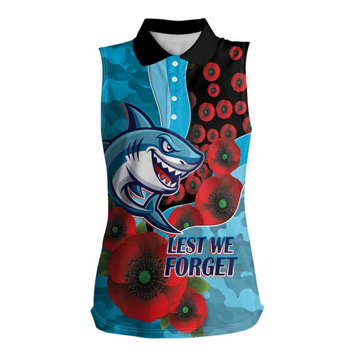 Cronulla-Sutherland Sharks ANZAC Personalised Women Sleeveless Polo Shirt Lest We Forget Poppy Camo