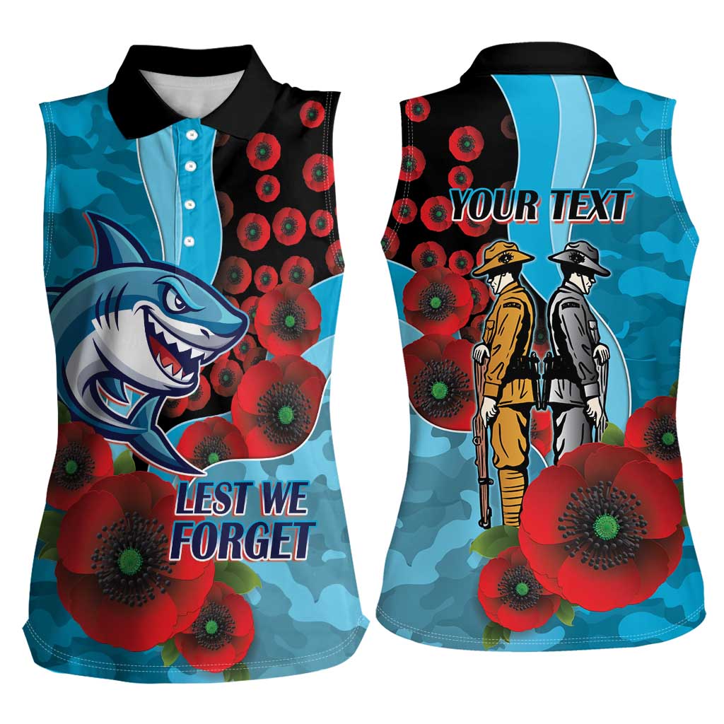 Cronulla-Sutherland Sharks ANZAC Personalised Women Sleeveless Polo Shirt Lest We Forget Poppy Camo