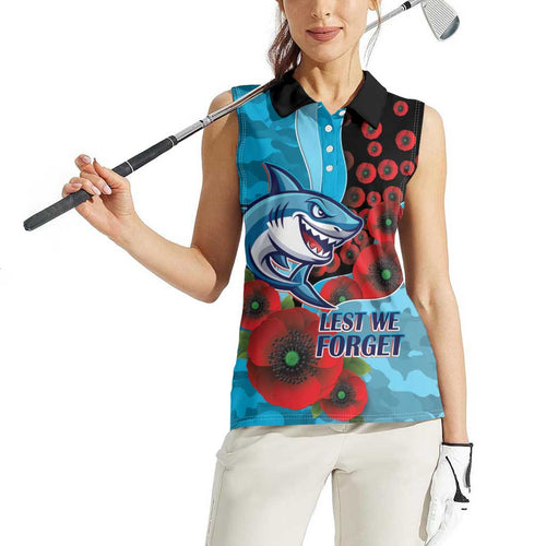 Cronulla-Sutherland Sharks ANZAC Personalised Women Sleeveless Polo Shirt Lest We Forget Poppy Camo