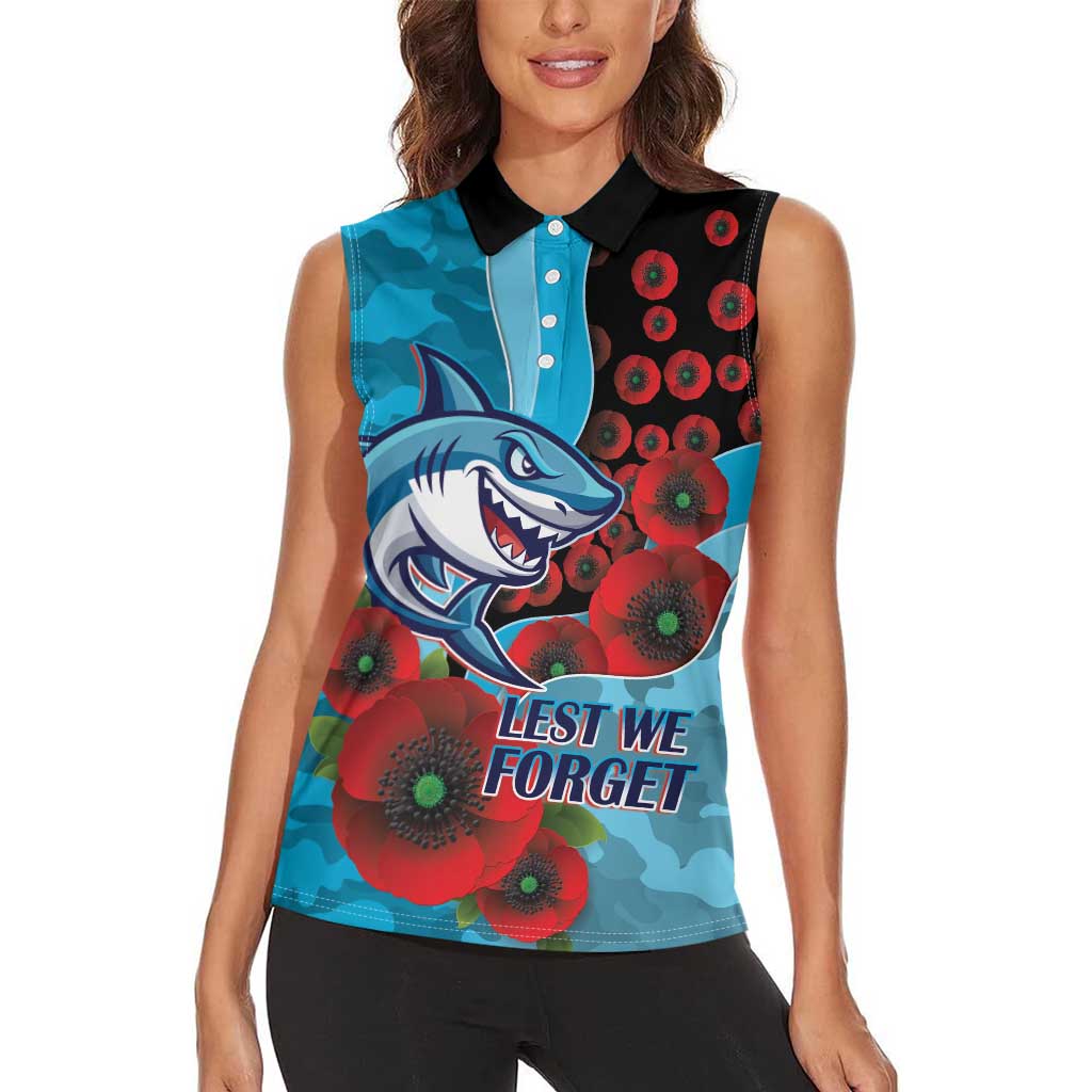 Cronulla-Sutherland Sharks ANZAC Personalised Women Sleeveless Polo Shirt Lest We Forget Poppy Camo