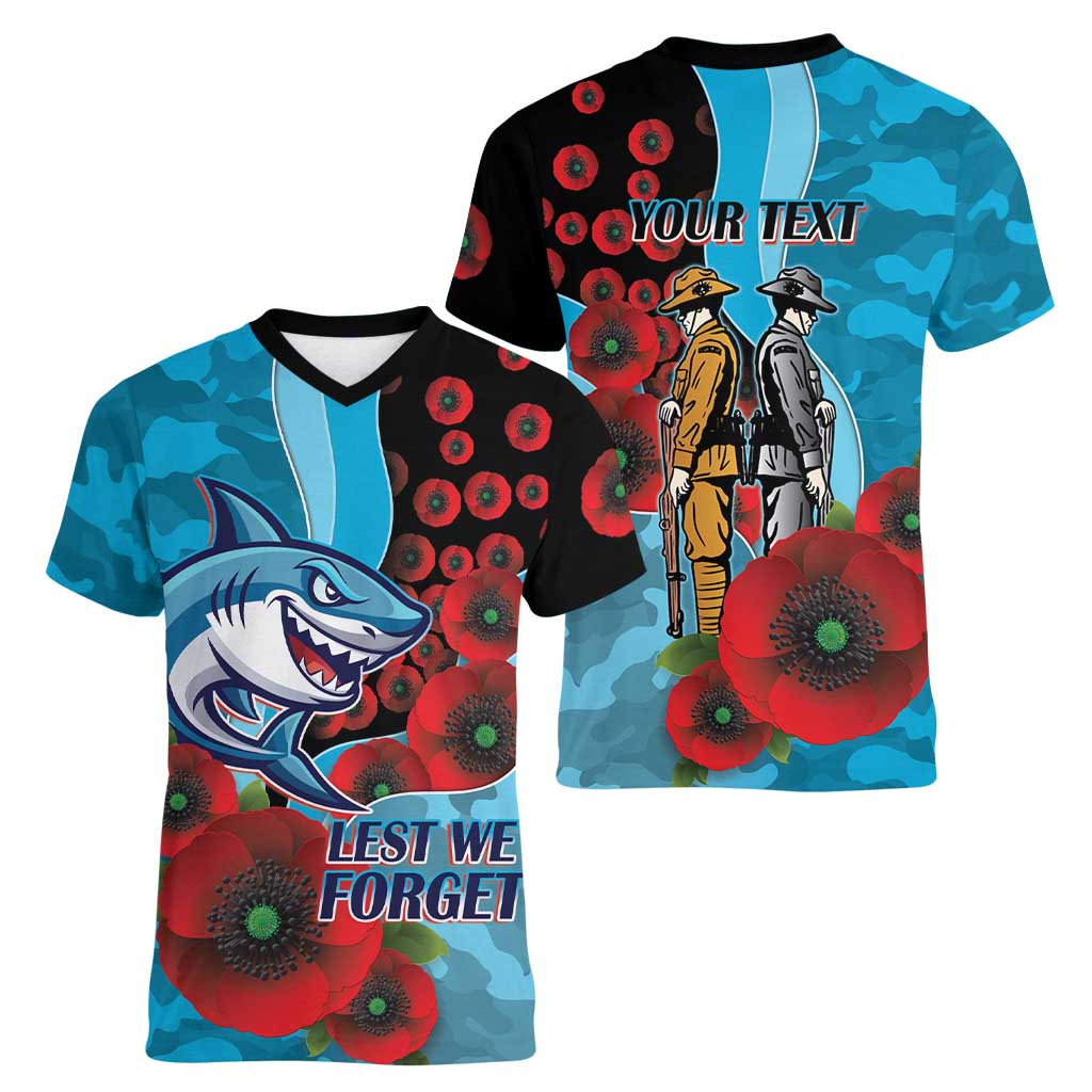 Cronulla-Sutherland Sharks ANZAC Personalised Women V-Neck T-Shirt Lest We Forget Poppy Camo