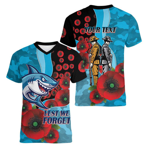 Cronulla-Sutherland Sharks ANZAC Personalised Women V-Neck T-Shirt Lest We Forget Poppy Camo