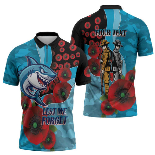 Cronulla-Sutherland Sharks ANZAC Personalised Zipper Polo Shirt Lest We Forget Poppy Camo