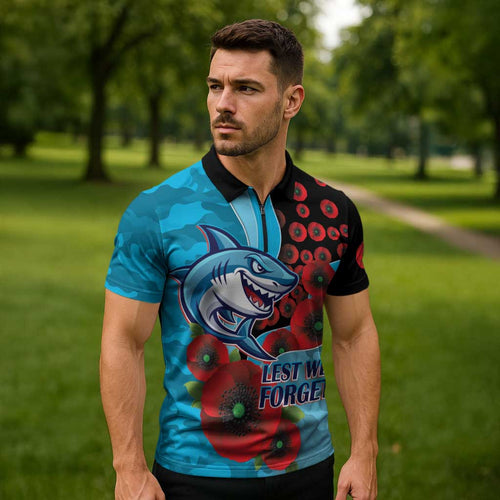 Cronulla-Sutherland Sharks ANZAC Personalised Zipper Polo Shirt Lest We Forget Poppy Camo