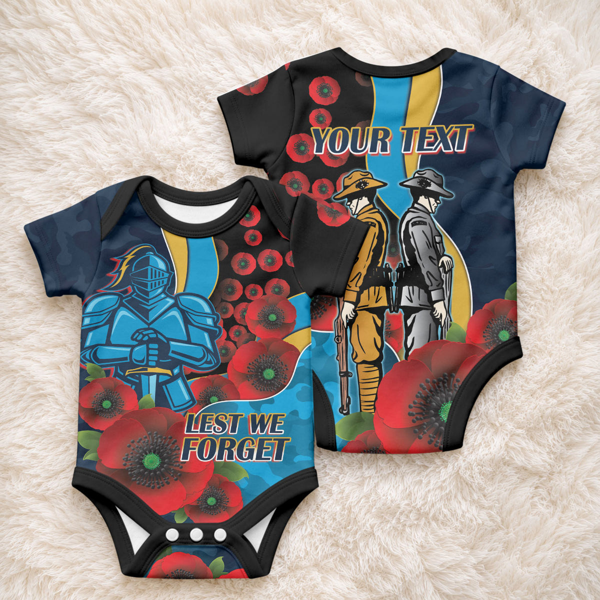 Gold Coast Titans ANZAC Personalised Baby Onesie Lest We Forget Poppy Camo