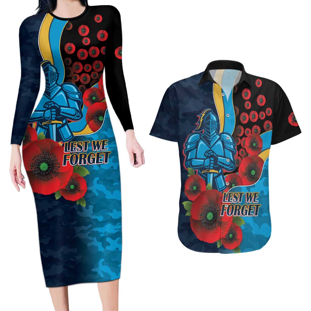 Gold Coast Titans ANZAC Personalised Couples Matching Long Sleeve Bodycon Dress and Hawaiian Shirt Lest We Forget Poppy Camo