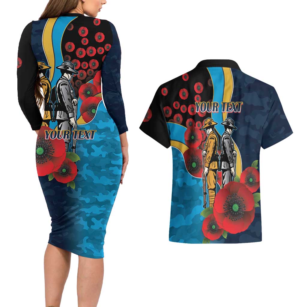 Gold Coast Titans ANZAC Personalised Couples Matching Long Sleeve Bodycon Dress and Hawaiian Shirt Lest We Forget Poppy Camo