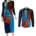 Gold Coast Titans ANZAC Personalised Couples Matching Long Sleeve Bodycon Dress and Long Sleeve Button Shirt Lest We Forget Poppy Camo