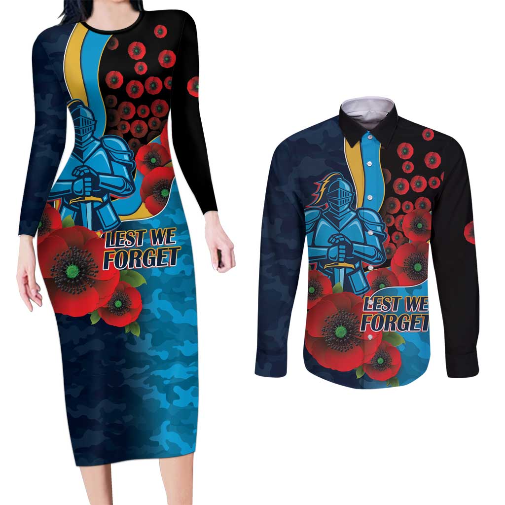 Gold Coast Titans ANZAC Personalised Couples Matching Long Sleeve Bodycon Dress and Long Sleeve Button Shirt Lest We Forget Poppy Camo