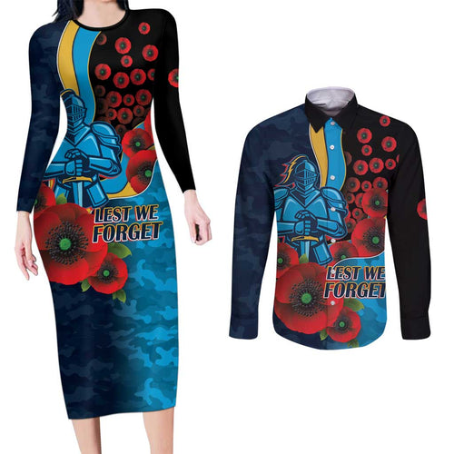 Gold Coast Titans ANZAC Personalised Couples Matching Long Sleeve Bodycon Dress and Long Sleeve Button Shirt Lest We Forget Poppy Camo