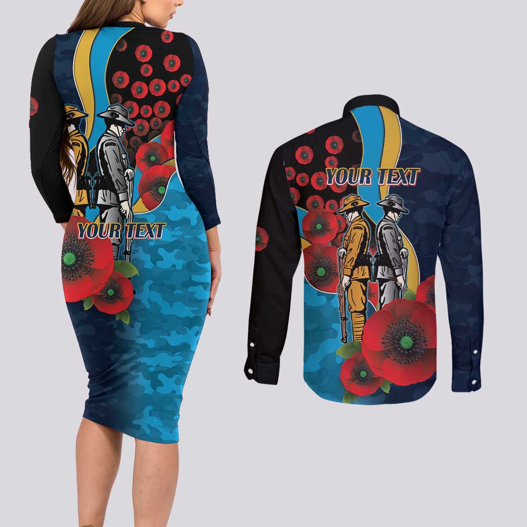 Gold Coast Titans ANZAC Personalised Couples Matching Long Sleeve Bodycon Dress and Long Sleeve Button Shirt Lest We Forget Poppy Camo