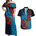 Gold Coast Titans ANZAC Personalised Couples Matching Off Shoulder Maxi Dress and Hawaiian Shirt Lest We Forget Poppy Camo