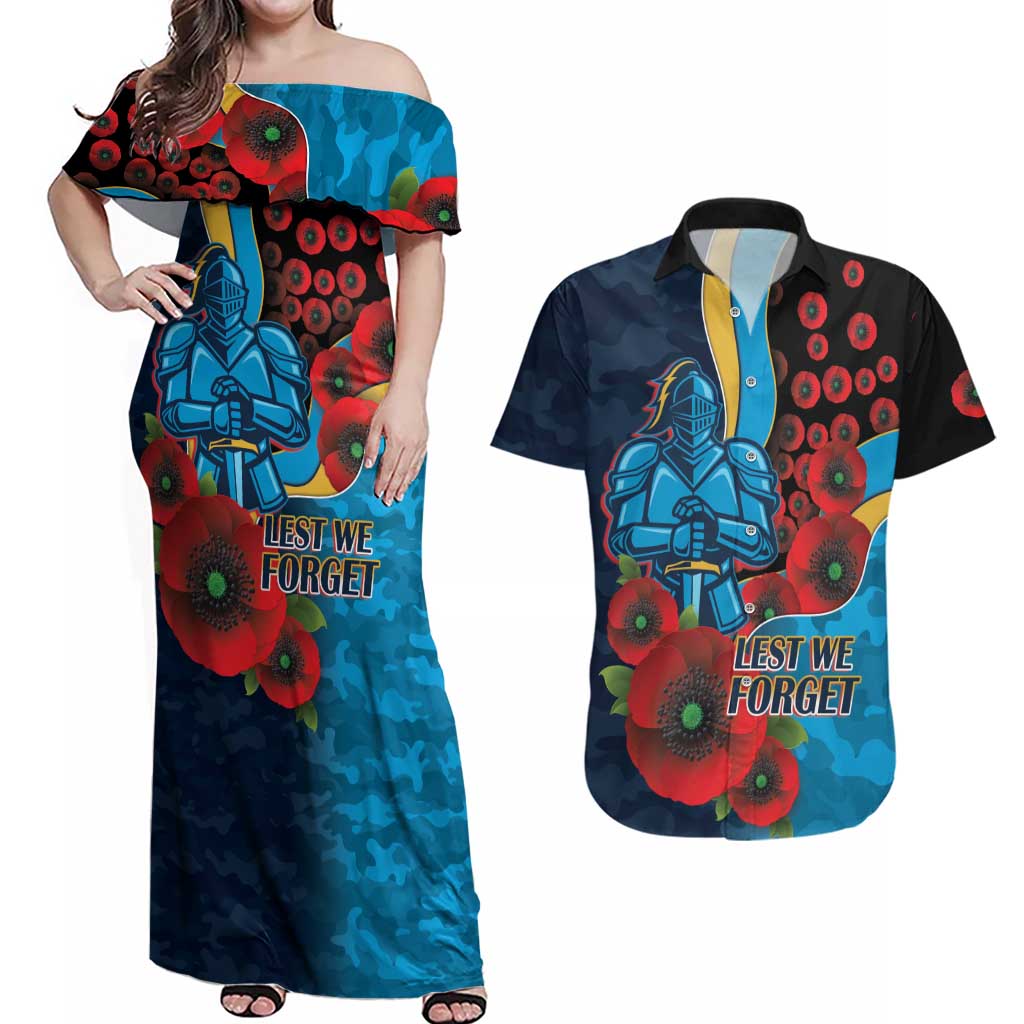Gold Coast Titans ANZAC Personalised Couples Matching Off Shoulder Maxi Dress and Hawaiian Shirt Lest We Forget Poppy Camo