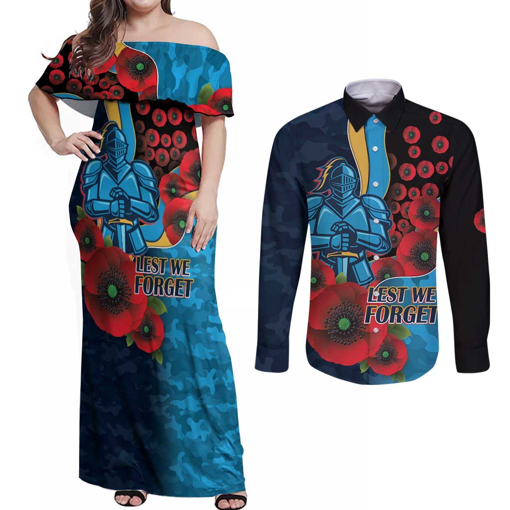 Gold Coast Titans ANZAC Personalised Couples Matching Off Shoulder Maxi Dress and Long Sleeve Button Shirt Lest We Forget Poppy Camo
