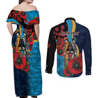 Gold Coast Titans ANZAC Personalised Couples Matching Off Shoulder Maxi Dress and Long Sleeve Button Shirt Lest We Forget Poppy Camo