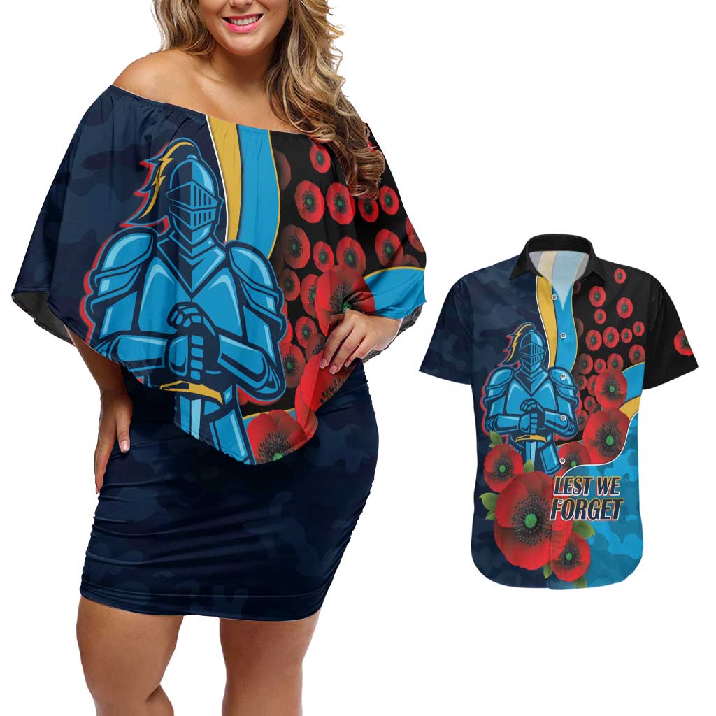 Gold Coast Titans ANZAC Personalised Couples Matching Off Shoulder Short Dress and Hawaiian Shirt Lest We Forget Poppy Camo