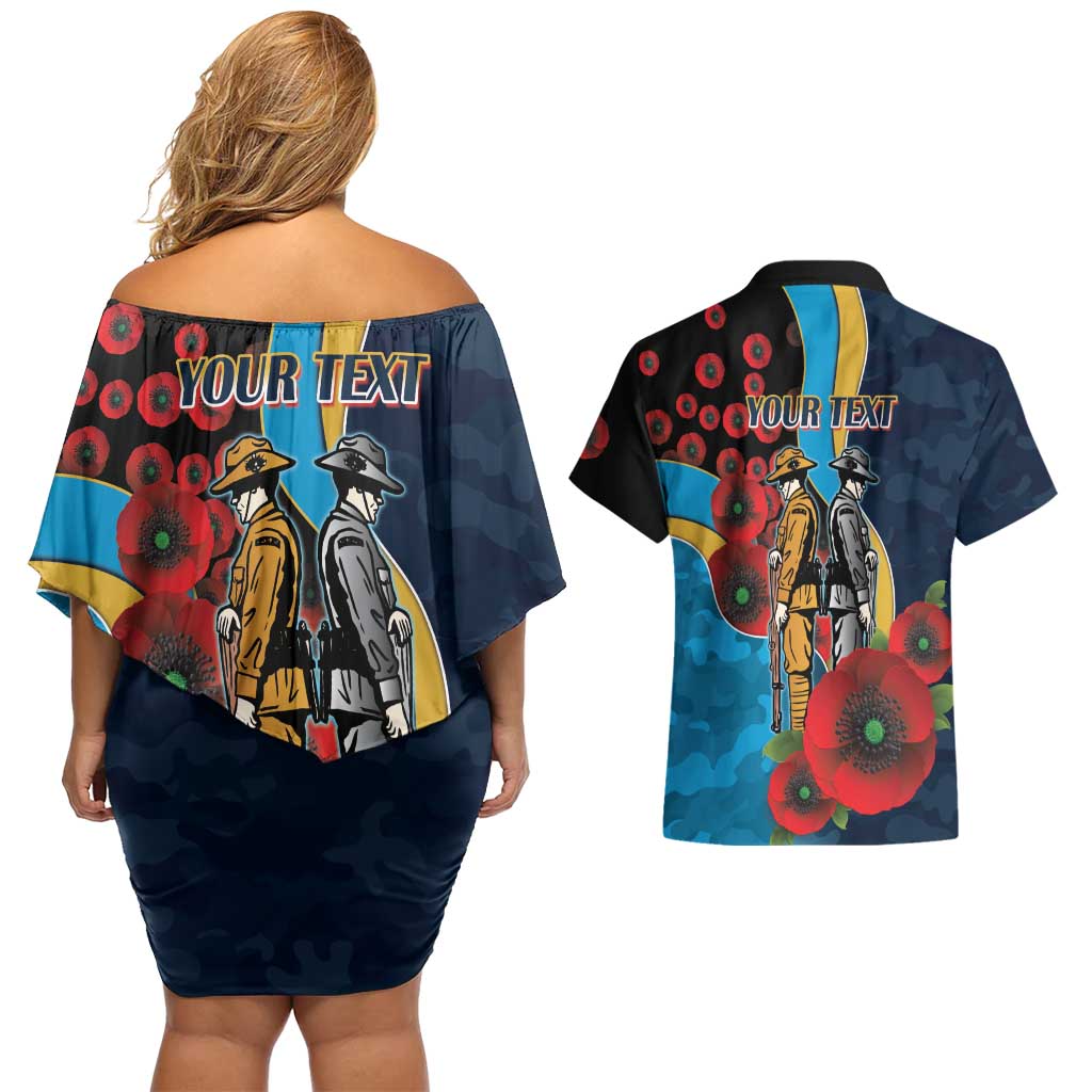 Gold Coast Titans ANZAC Personalised Couples Matching Off Shoulder Short Dress and Hawaiian Shirt Lest We Forget Poppy Camo