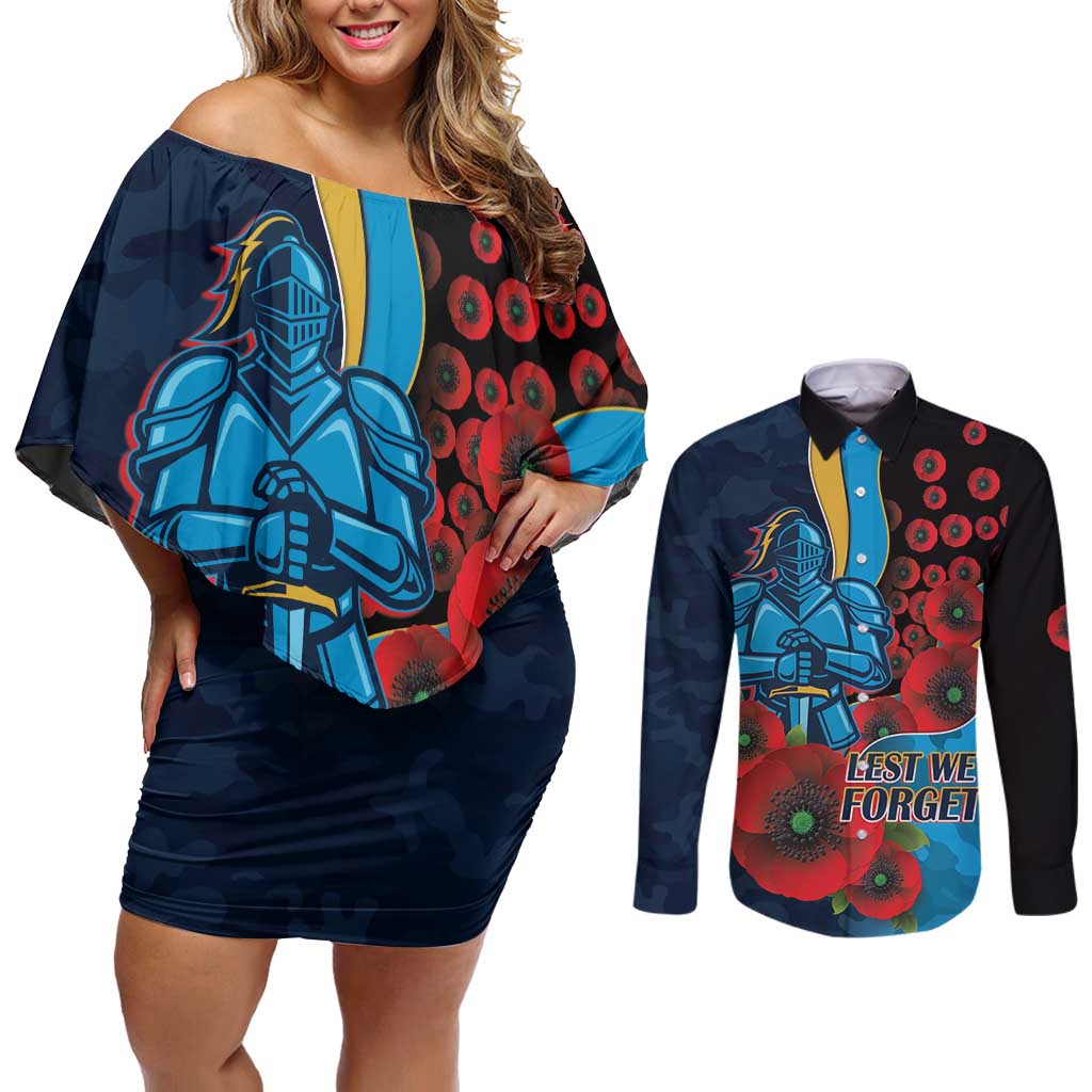 Gold Coast Titans ANZAC Personalised Couples Matching Off Shoulder Short Dress and Long Sleeve Button Shirt Lest We Forget Poppy Camo