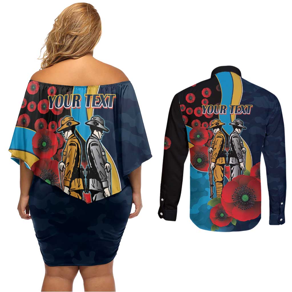 Gold Coast Titans ANZAC Personalised Couples Matching Off Shoulder Short Dress and Long Sleeve Button Shirt Lest We Forget Poppy Camo