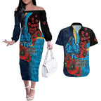 Gold Coast Titans ANZAC Personalised Couples Matching Off The Shoulder Long Sleeve Dress and Hawaiian Shirt Lest We Forget Poppy Camo