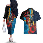 Gold Coast Titans ANZAC Personalised Couples Matching Off The Shoulder Long Sleeve Dress and Hawaiian Shirt Lest We Forget Poppy Camo