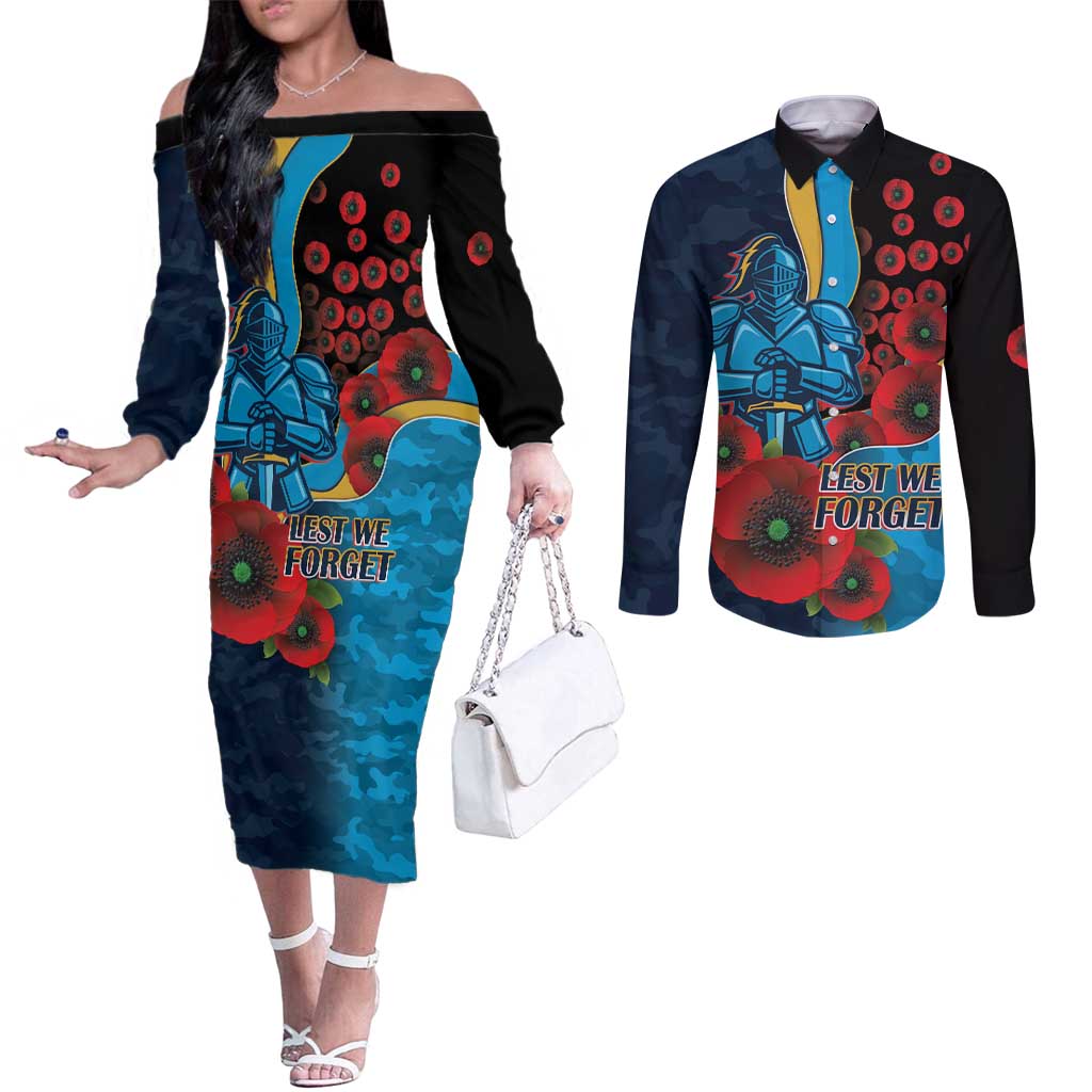 Gold Coast Titans ANZAC Personalised Couples Matching Off The Shoulder Long Sleeve Dress and Long Sleeve Button Shirt Lest We Forget Poppy Camo