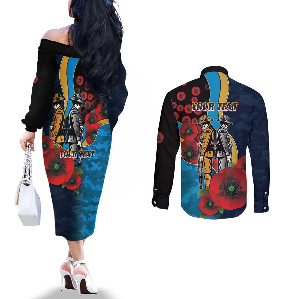 Gold Coast Titans ANZAC Personalised Couples Matching Off The Shoulder Long Sleeve Dress and Long Sleeve Button Shirt Lest We Forget Poppy Camo
