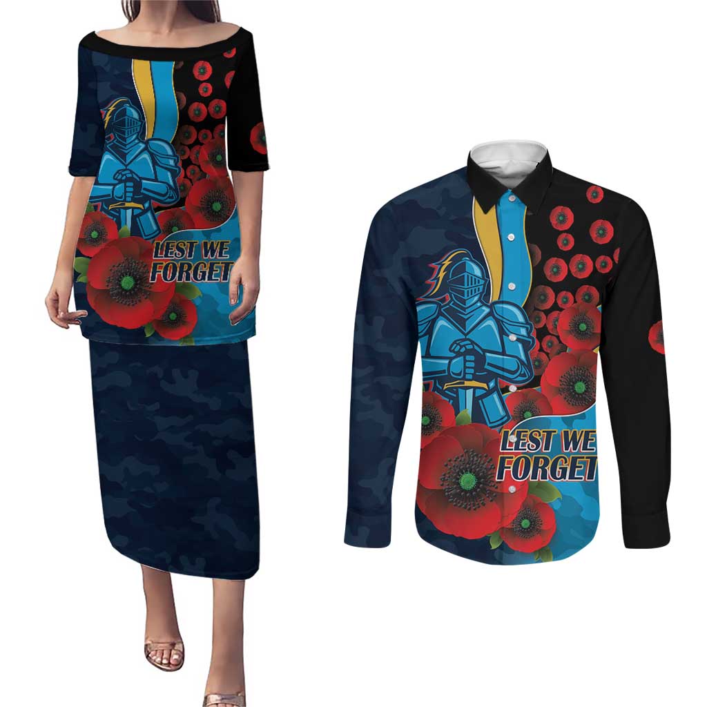 Gold Coast Titans ANZAC Personalised Couples Matching Puletasi and Long Sleeve Button Shirt Lest We Forget Poppy Camo