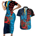 Gold Coast Titans ANZAC Personalised Couples Matching Short Sleeve Bodycon Dress and Hawaiian Shirt Lest We Forget Poppy Camo