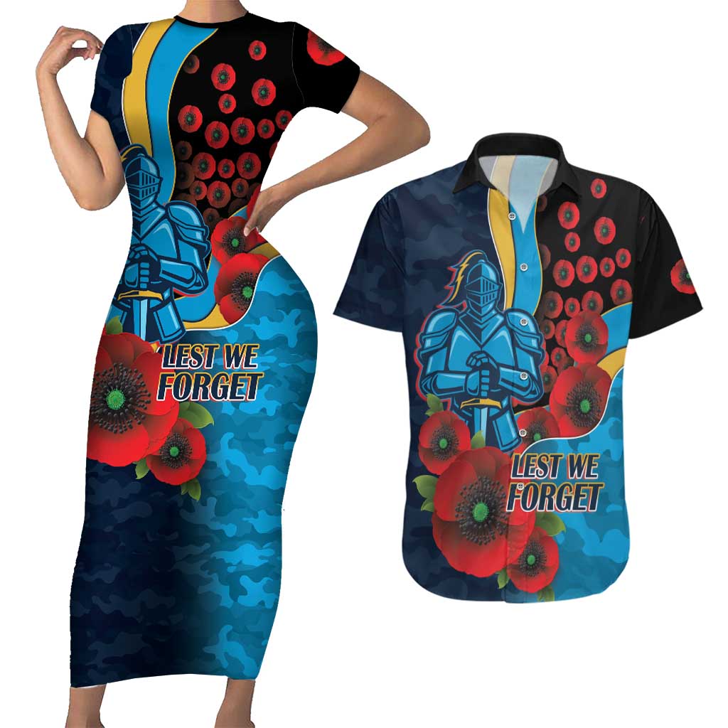 Gold Coast Titans ANZAC Personalised Couples Matching Short Sleeve Bodycon Dress and Hawaiian Shirt Lest We Forget Poppy Camo
