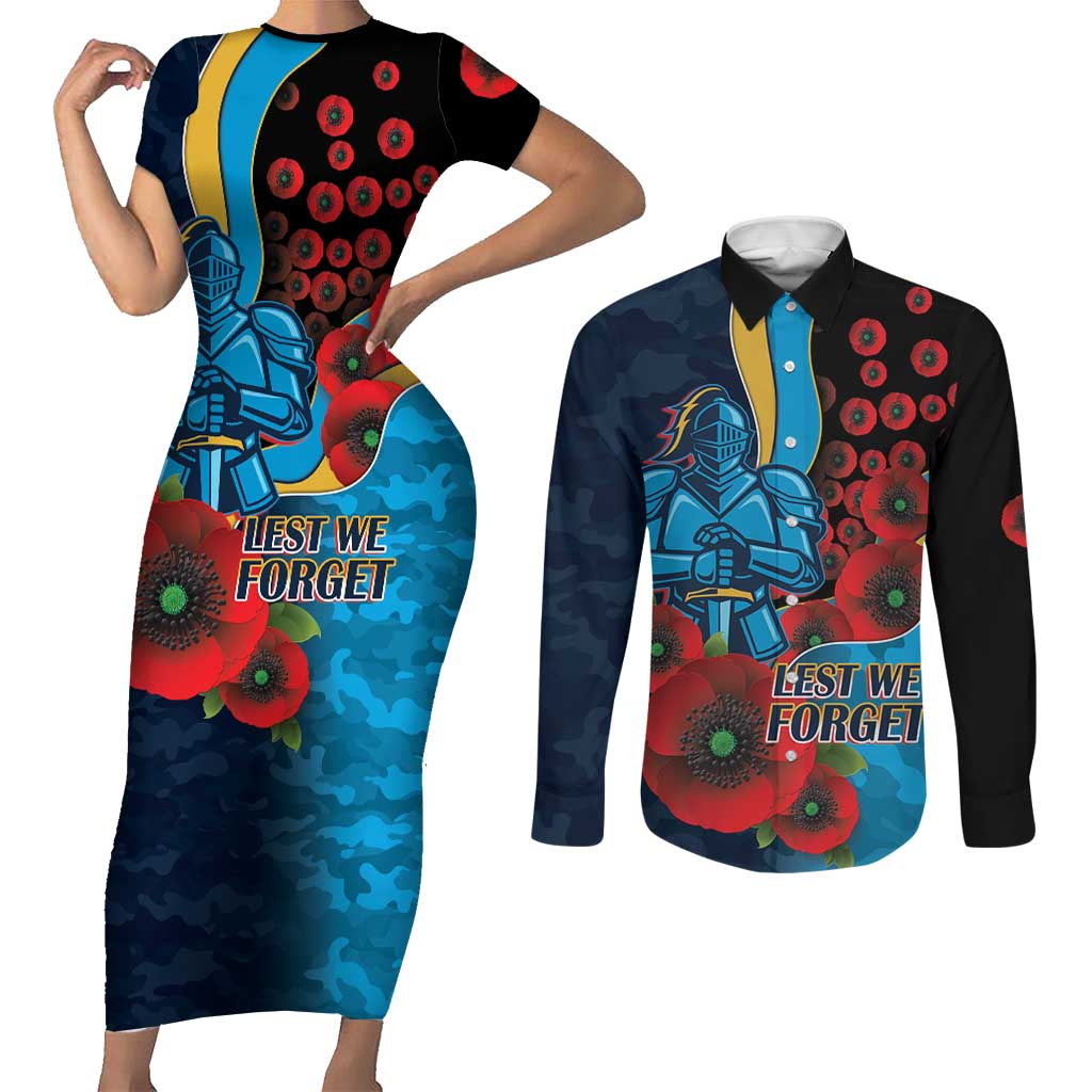Gold Coast Titans ANZAC Personalised Couples Matching Short Sleeve Bodycon Dress and Long Sleeve Button Shirt Lest We Forget Poppy Camo