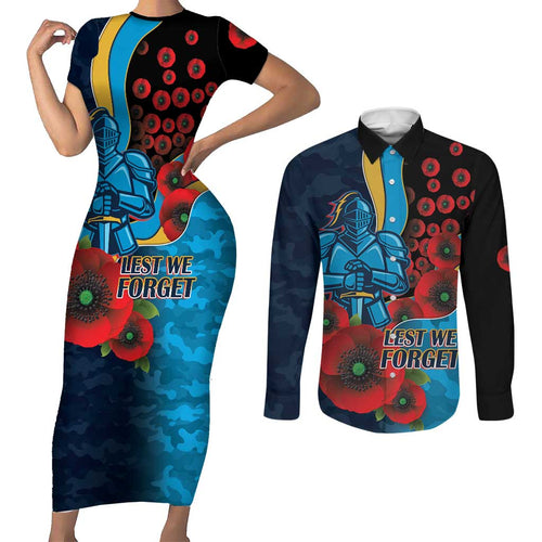 Gold Coast Titans ANZAC Personalised Couples Matching Short Sleeve Bodycon Dress and Long Sleeve Button Shirt Lest We Forget Poppy Camo