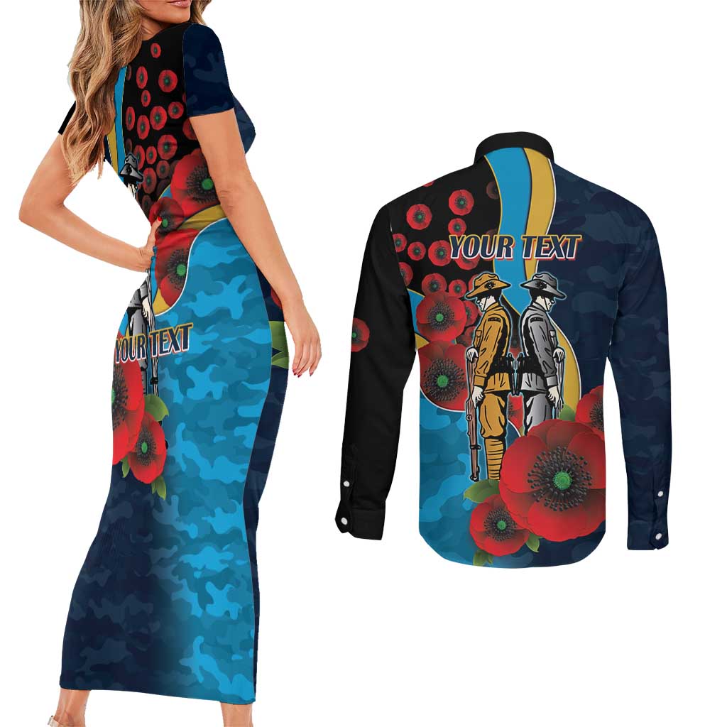 Gold Coast Titans ANZAC Personalised Couples Matching Short Sleeve Bodycon Dress and Long Sleeve Button Shirt Lest We Forget Poppy Camo
