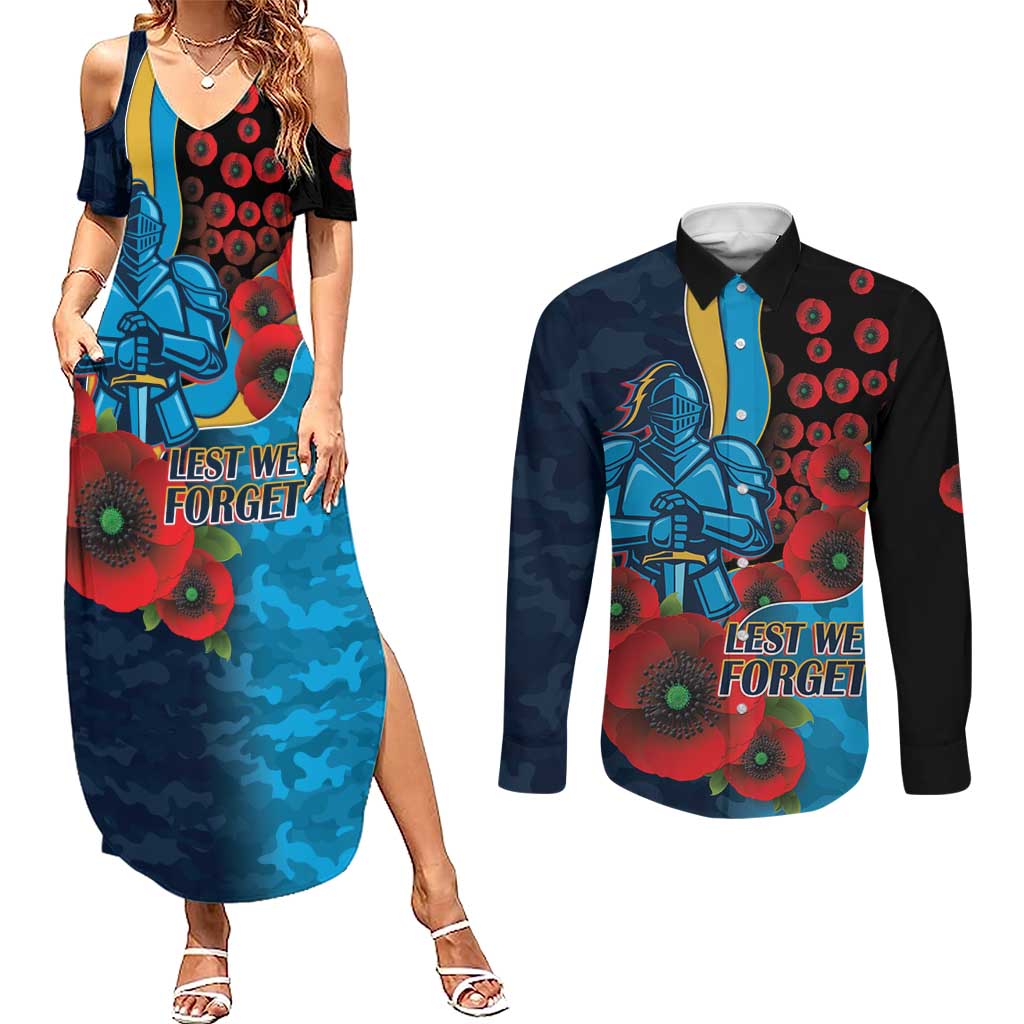 Gold Coast Titans ANZAC Personalised Couples Matching Summer Maxi Dress and Long Sleeve Button Shirt Lest We Forget Poppy Camo