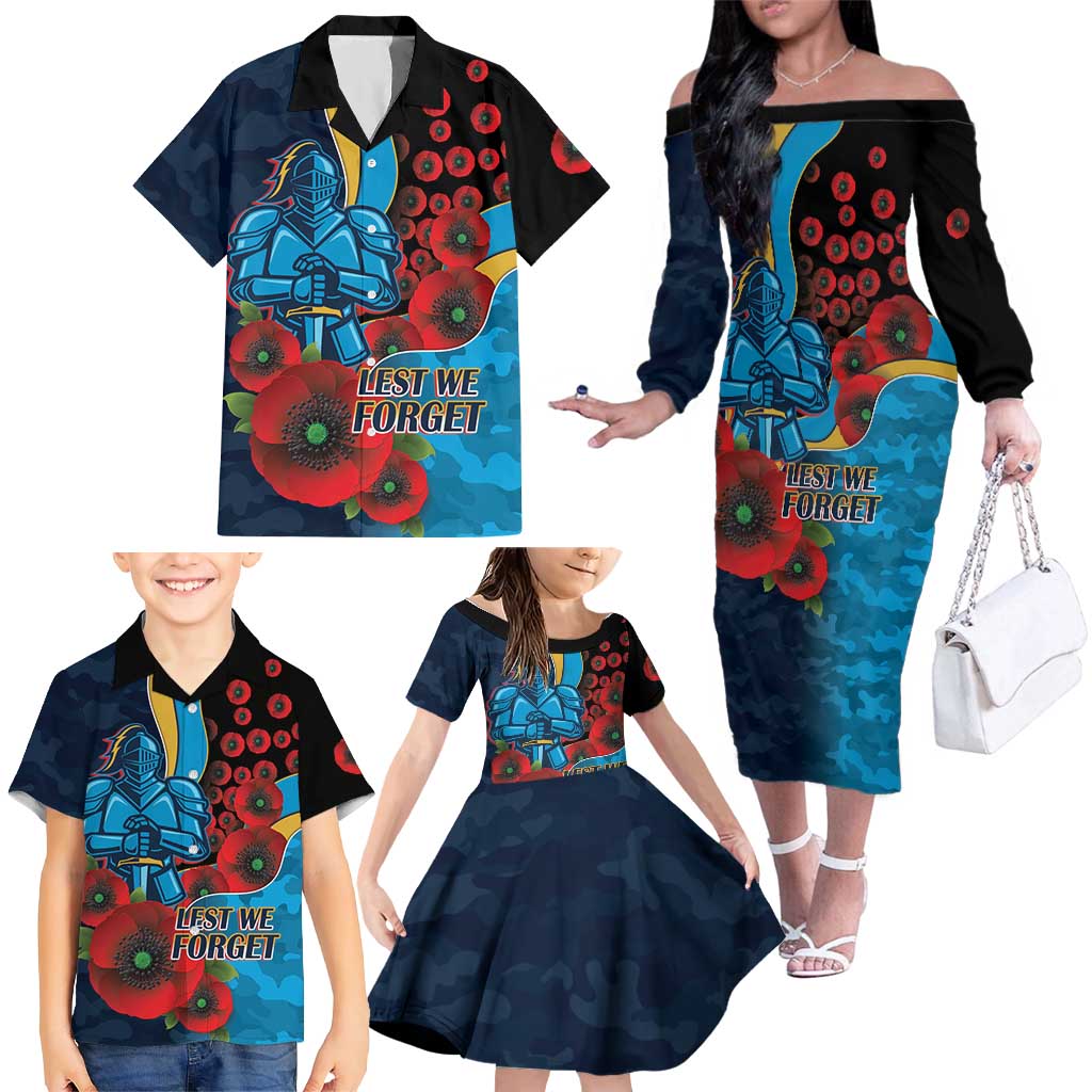 Gold Coast Titans ANZAC Personalised Family Matching Off The Shoulder Long Sleeve Dress and Hawaiian Shirt Lest We Forget Poppy Camo