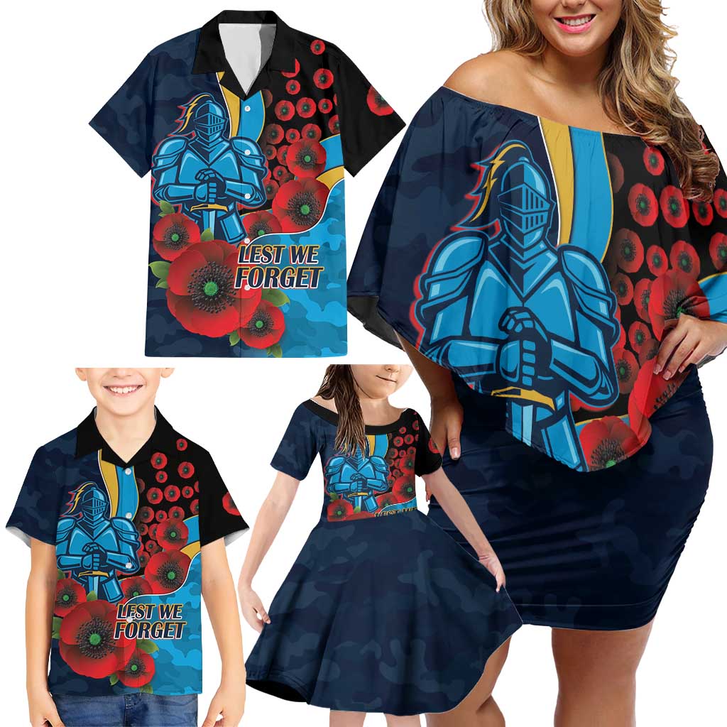 Gold Coast Titans ANZAC Personalised Family Matching Off Shoulder Short Dress and Hawaiian Shirt Lest We Forget Poppy Camo