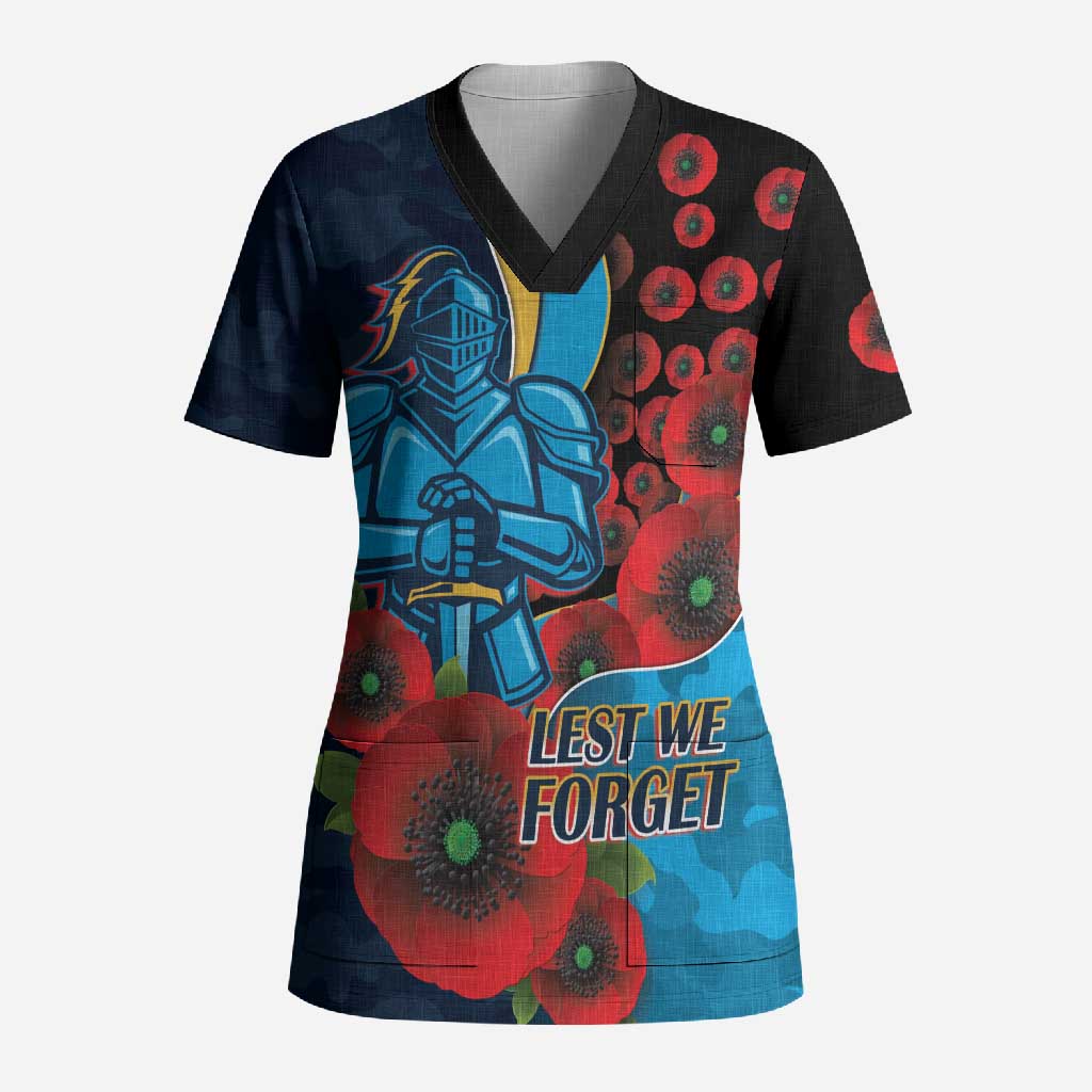 Gold Coast Titans ANZAC Personalised Scrub Top Lest We Forget Poppy Camo