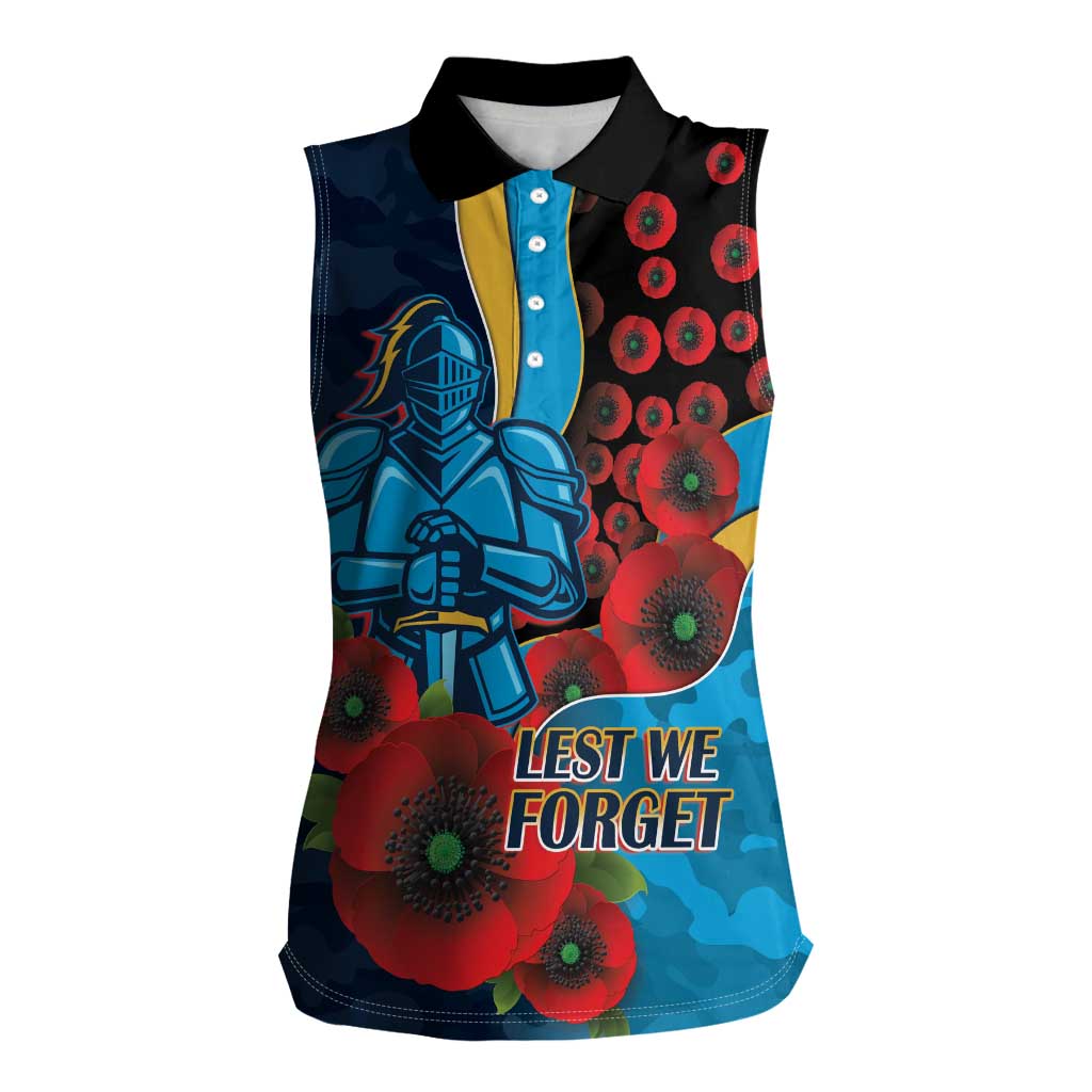 Gold Coast Titans ANZAC Personalised Women Sleeveless Polo Shirt Lest We Forget Poppy Camo