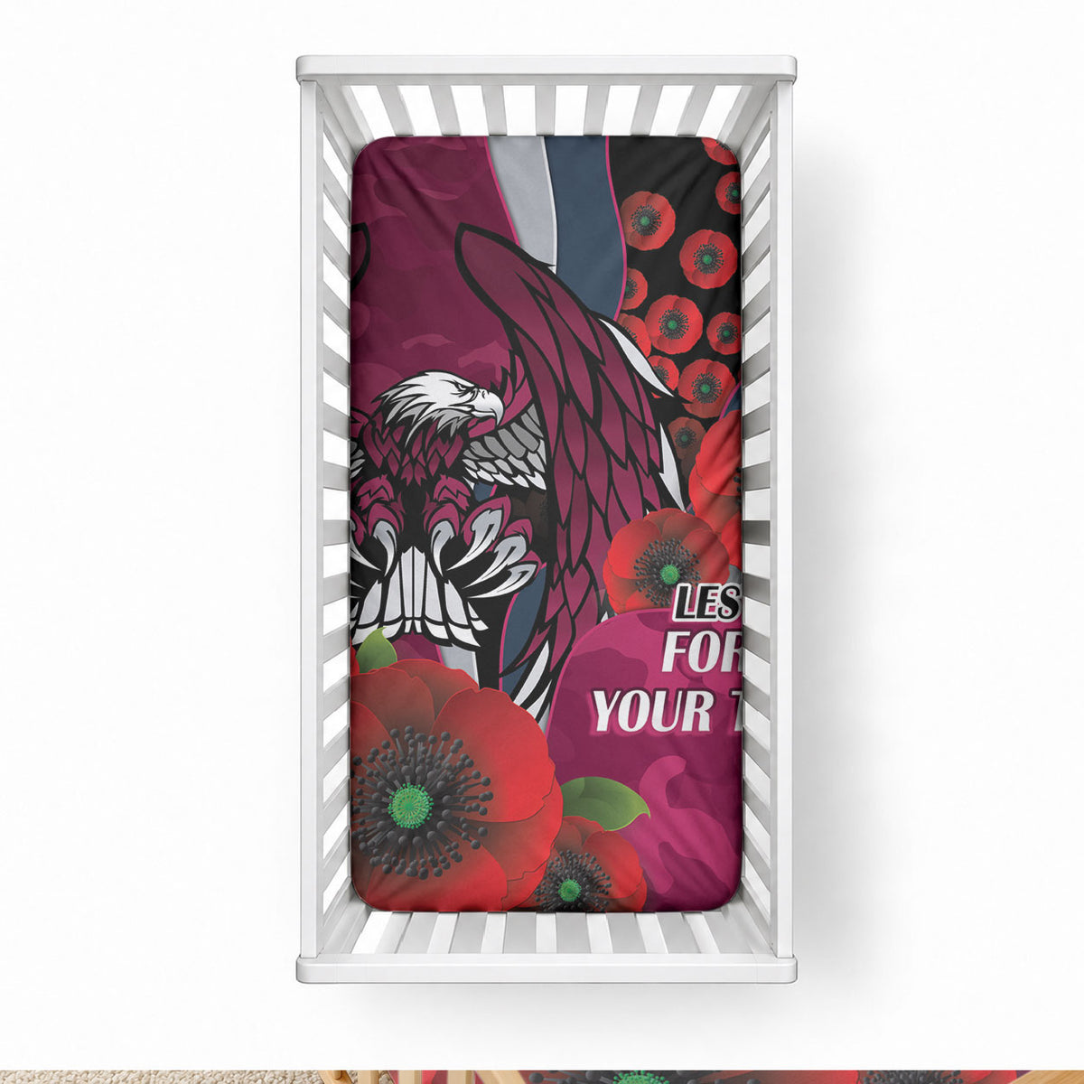 Manly Warringah Sea Eagles ANZAC Personalised Baby Bed Cover Lest We Forget Poppy Camo